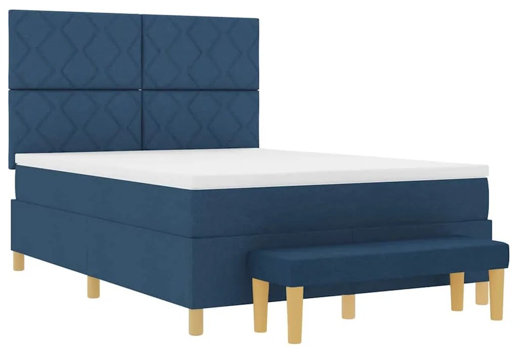 Cama Box Spring com Colchão &amp; Banco Azul 140x190 cm Tecido