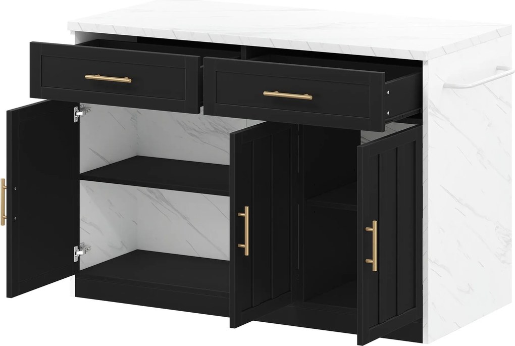 Ilha de cozinha com balcão de bar, com 2 gavetas e 3 portas, puxadores metálicos, suporte para toalhas, 120x60x91 cm, Preto| AOSOM Portugal