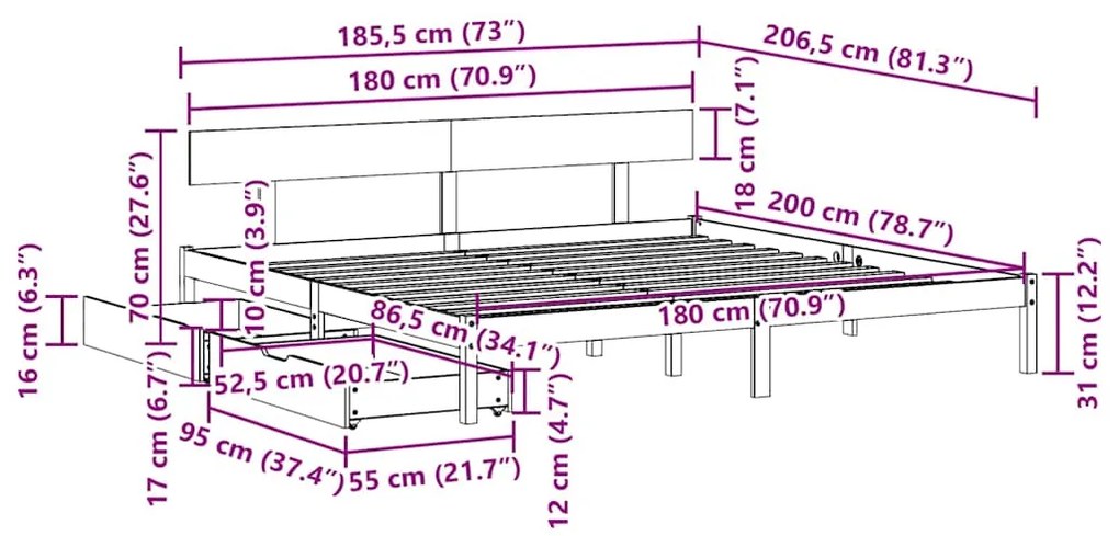 Cama sem colchão 180x200 cm madeira de pinho maciça
