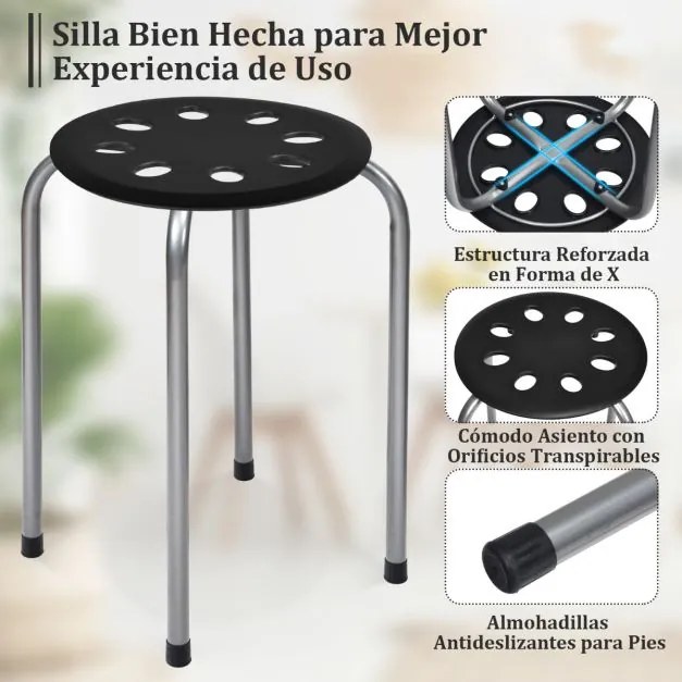 Conjunto de 6 bancos empilháveis de metal com assento redondo perfurado, estrutura metálica  Preto + Cinza