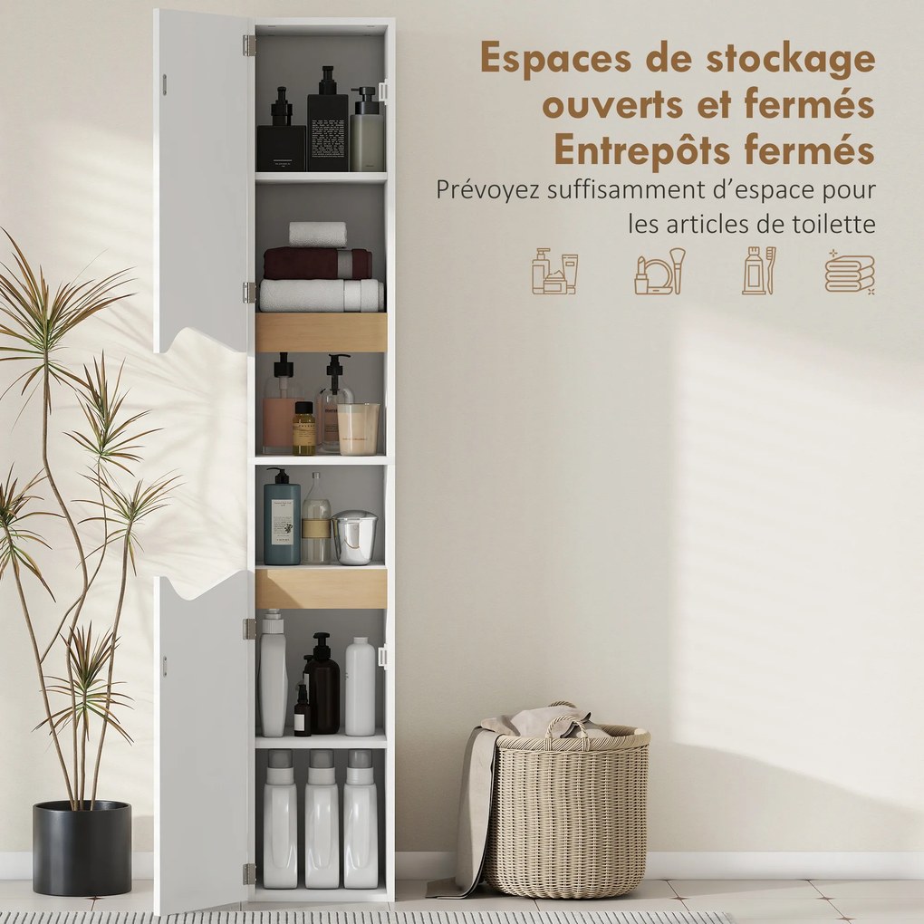 Armário de coluna estreito para casa de banho 30 x 34,6 x 180,5 cm, 2 portas, compartimentos abertos, prateleiras ajustáveis, branco