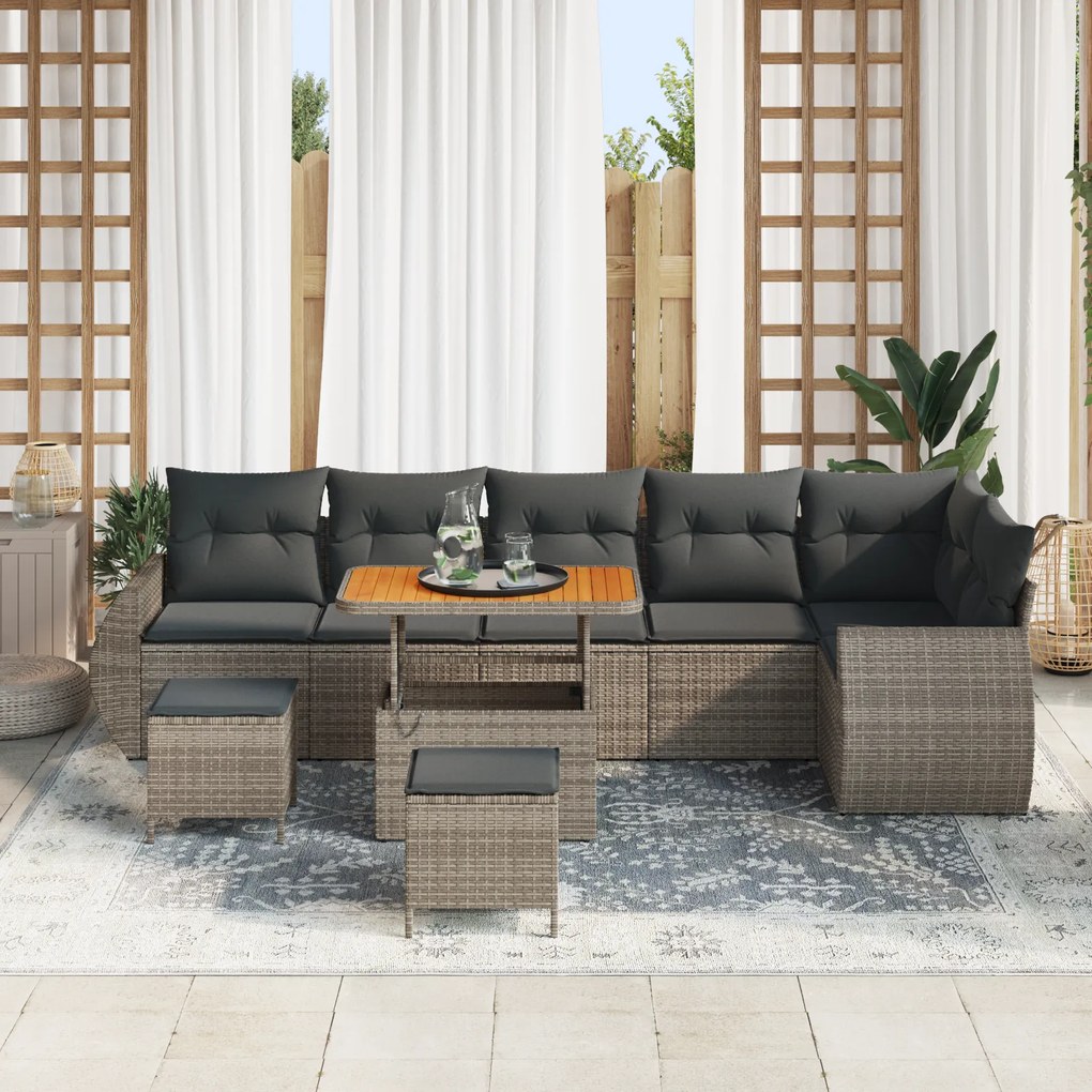 Conjunto de Sofá de Jardim de 9 Peças com Almofadas Cinza Rattan Poly