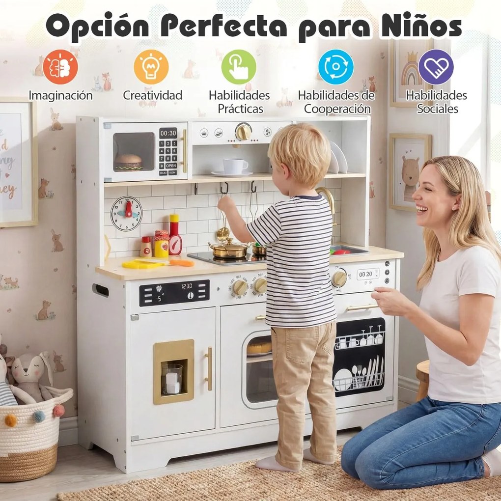 Cozinha de brincar em madeira para crianças com luzes e sons realistas 85 x 29 x 88 cm Branco