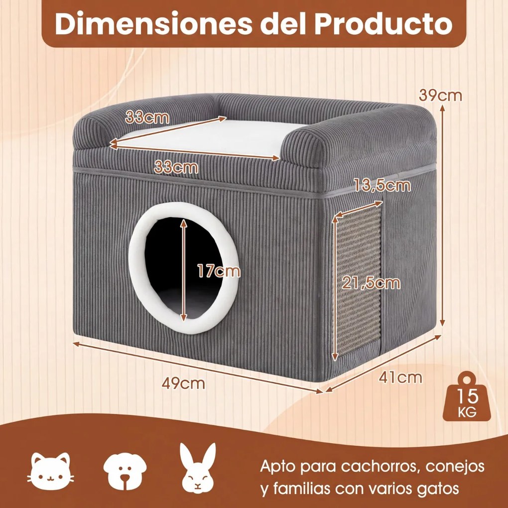 Cama para gatos de interior 49 x 41 x 39 cm - Grande caverna para gatos com condomínio, tapete de sisal para arranhar e almofada - cinzenta