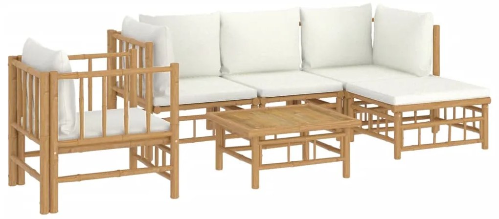 6 pcs conjunto lounge de jardim bambu c/ almofadões branco nata