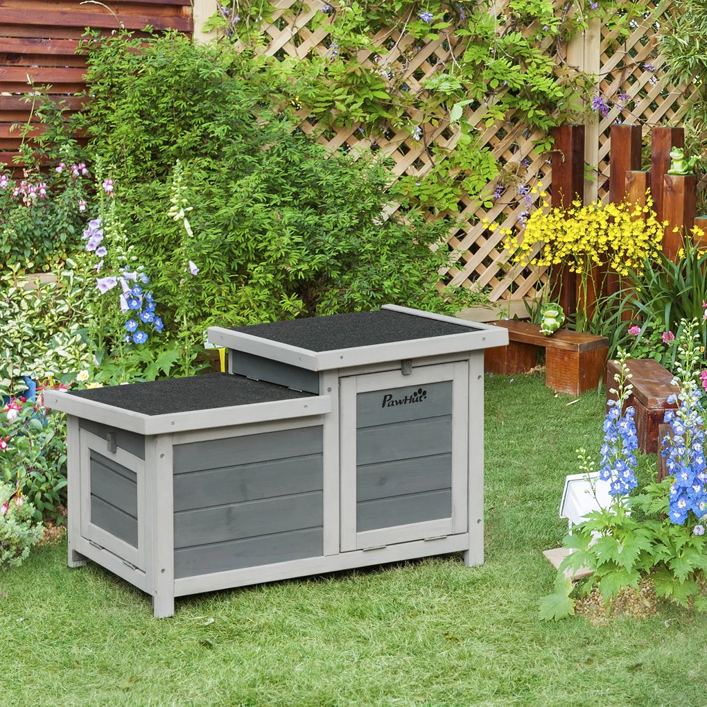 PawHut Coelheira de Madeira de Exterior Casa Elevada para Coelhos Roedores com Tetos Asfálticos Abatível e 2 Portas Convertíveis em Rampas 70x43x45cm Cinza