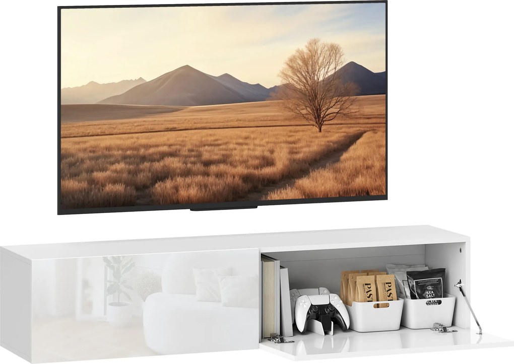 Móvel suspenso para TV até 45, 55 ou 65 polegadas, com 2 armários com portas, 140 x 33 x 29,8 cm, branco