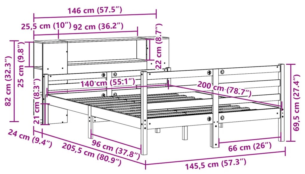Cama com estante sem colchão 140x200 cm pinho maciço branco