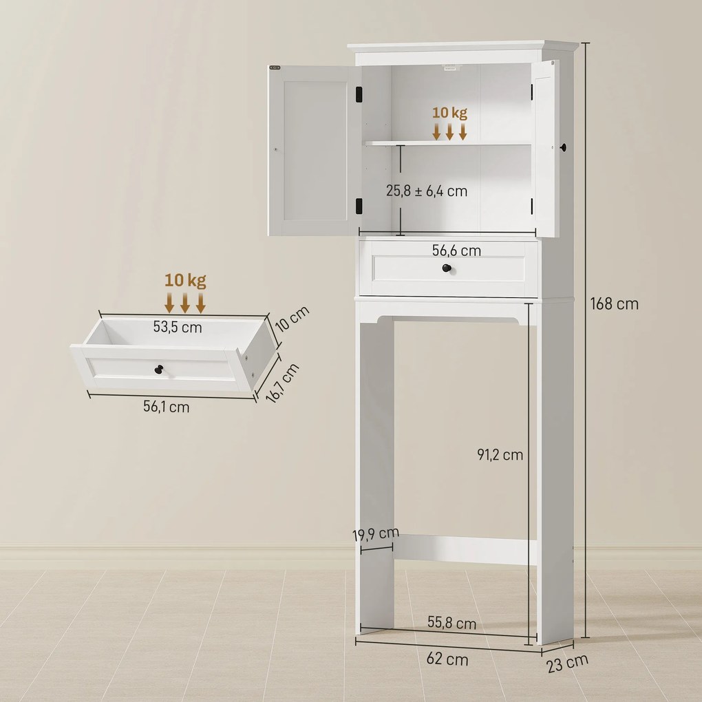 Móvel de casa de banho 62 x 23 x 168 cm com arrumação para cima da sanita, móvel de casa de banho com 2 portas, gaveta e prateleira ajustável, branco
