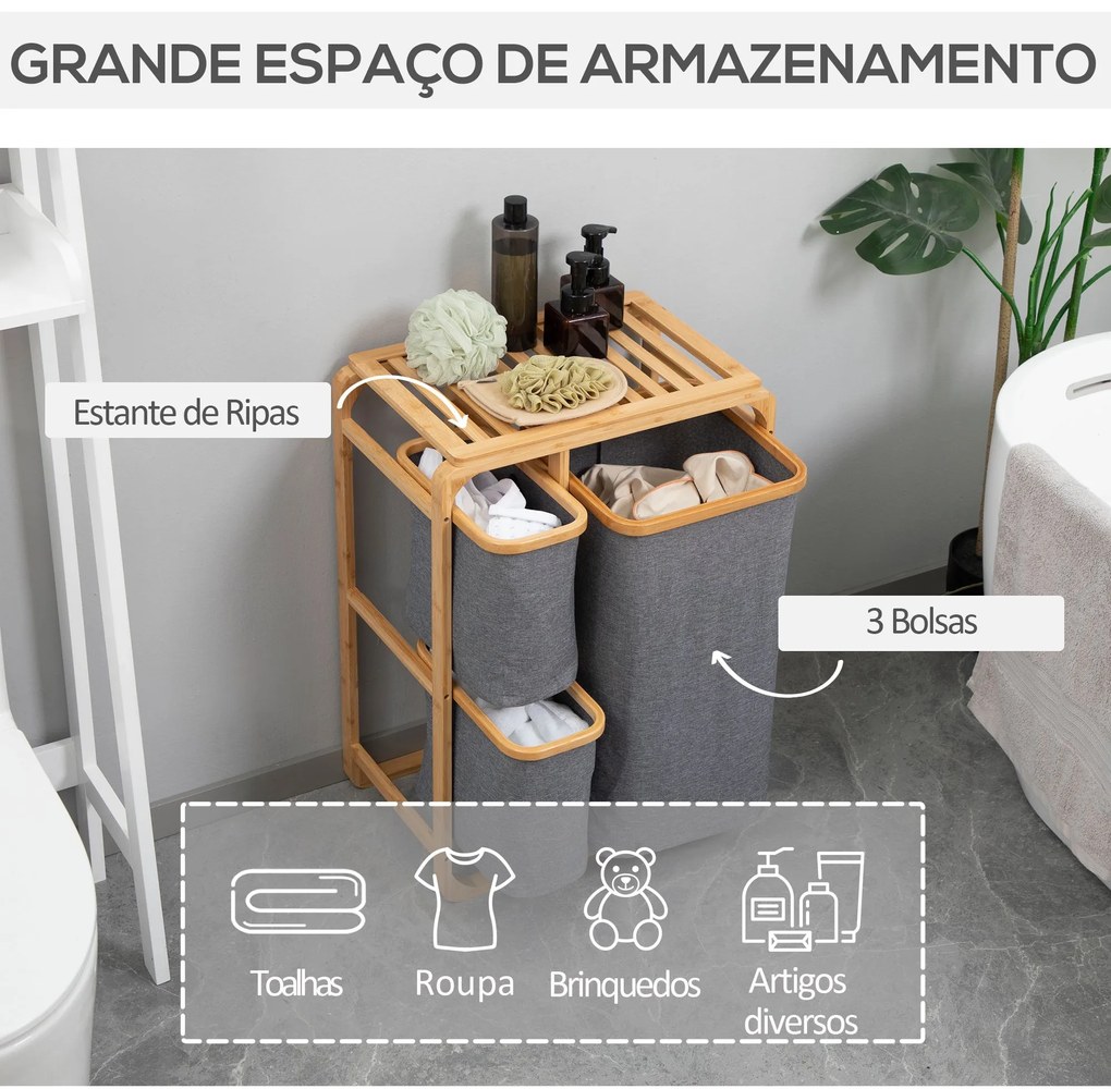 HOMCOM Cesto para Roupa Suja de Bambu Cesto de Roupa com 3 Bolsas de T