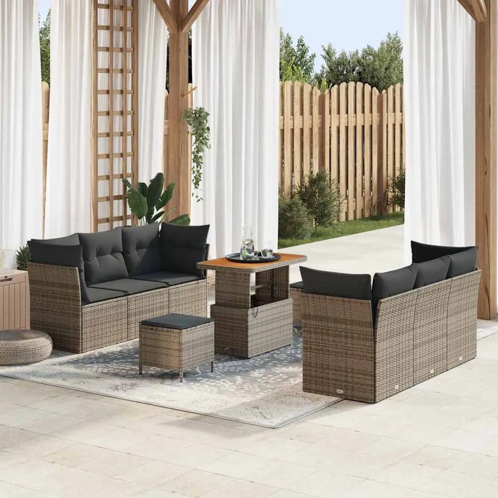 vidaXL Conjunto de Sofá de Jardim 9 Peças com Almofadas Cinza em Rattan de Poliéster e Acácia
