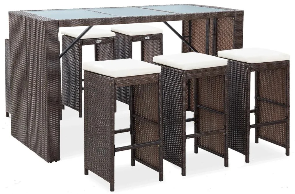 7 pcs conjunto bar para jardim c/ almofadões vime PE castanho
