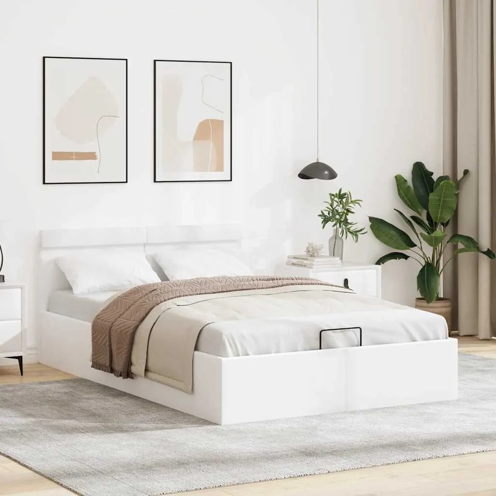 Cama hidráulica LED c/ arrumação 140x200cm couro artifi. branco