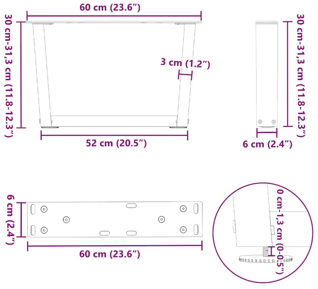 Pés para mesa de centro em V, 2 peças, branco, 60x(30-31,3) cm, aço