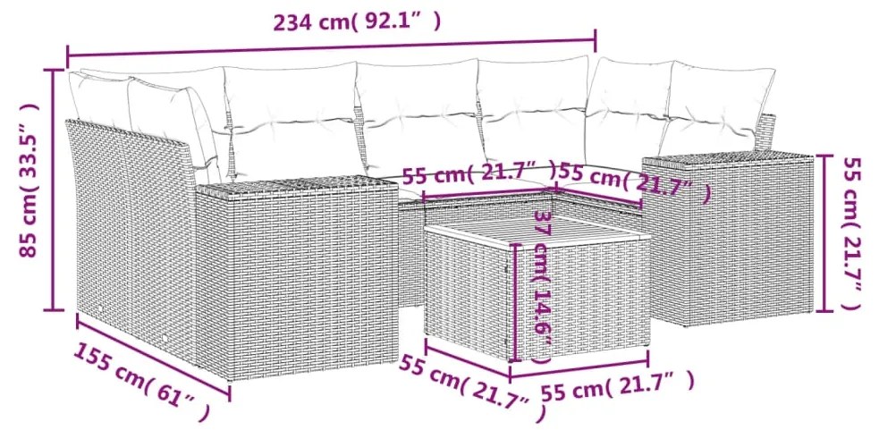7 pcs conjunto de sofás p/ jardim c/ almofadões vime PE preto