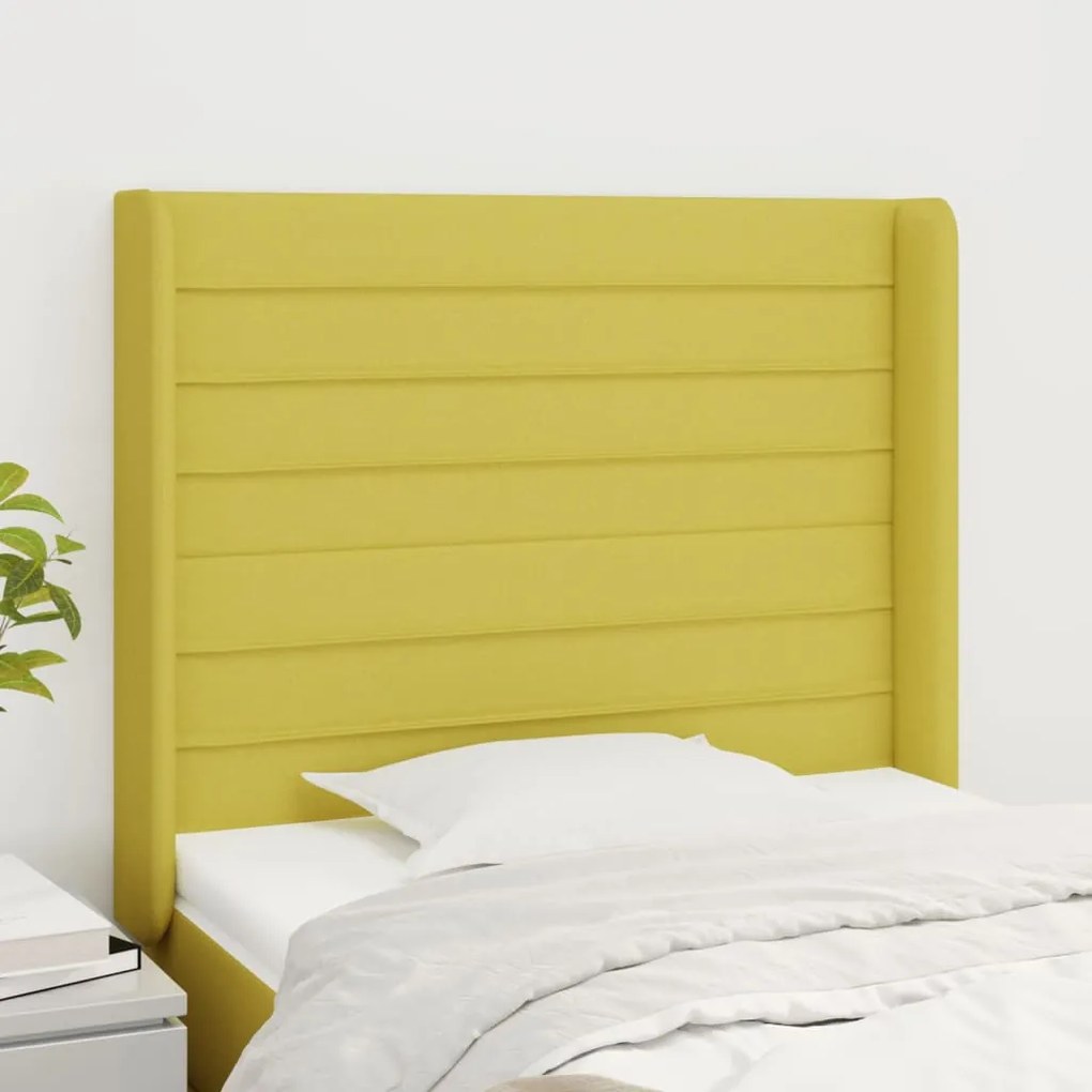 vidaXL Cabeceira de cama c/ abas tecido 83x16x118/128 cm verde