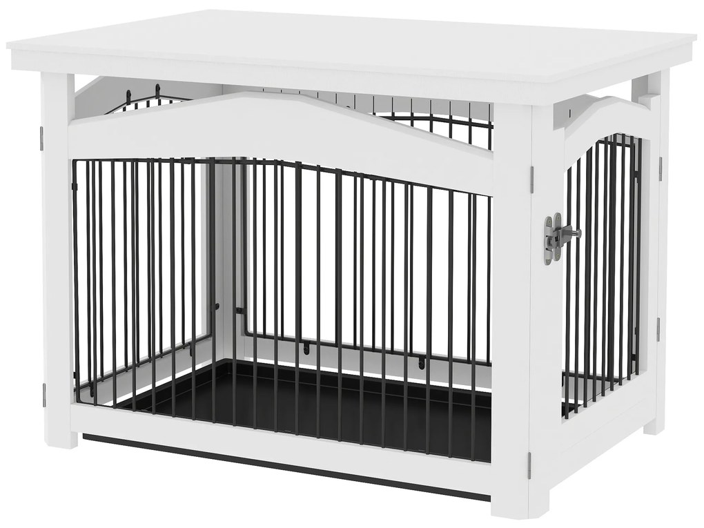 PawHut Gaiola para Cães Médios 3 em 1 Mesa Auxiliar Gaiola para Cães com Porta Trava Tampa Superior  82,5x57,5x59,5 cm Branco | Aosom Portugal