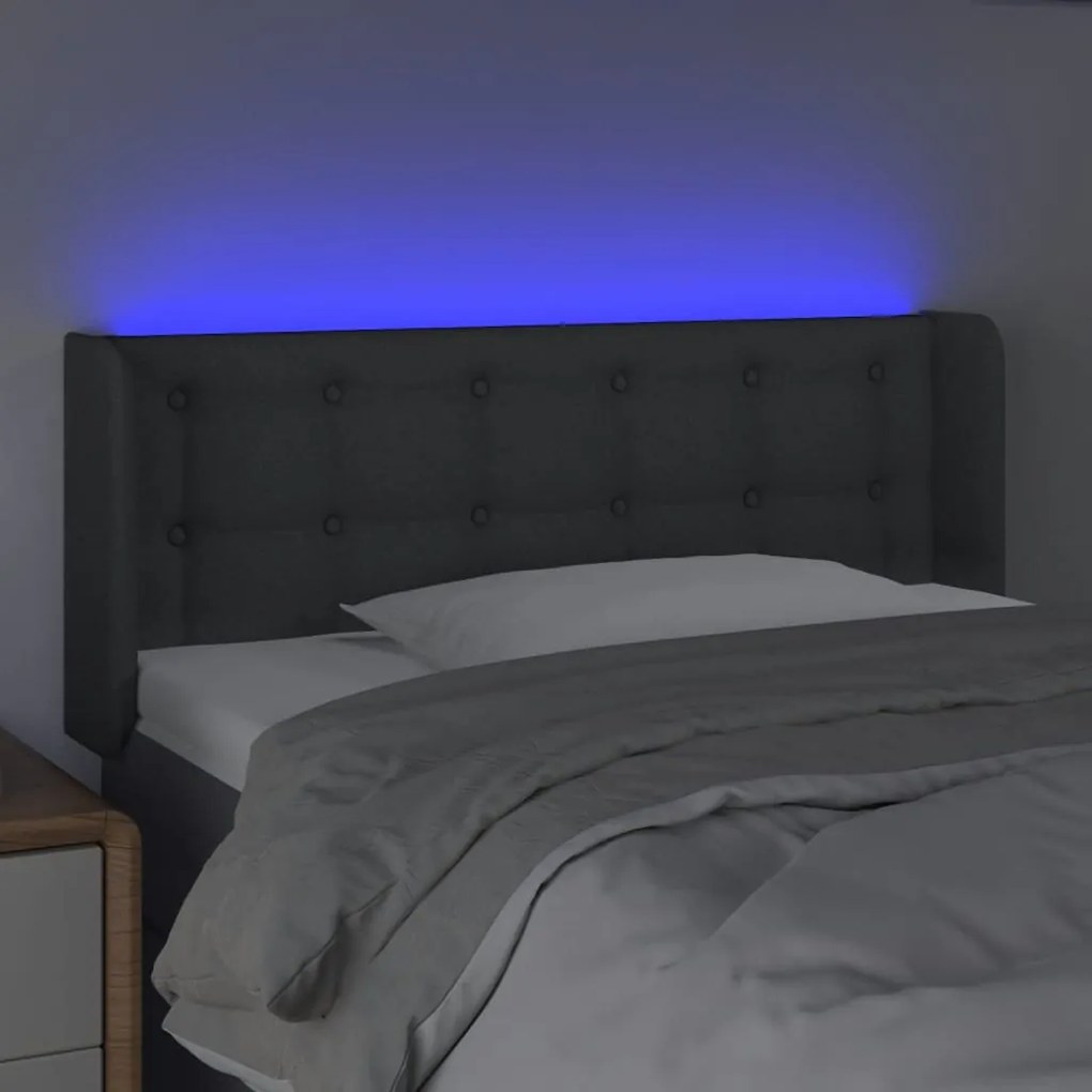 Cabeceira cama c/ luzes LED tecido 103x16x78/88cm cinza-escuro