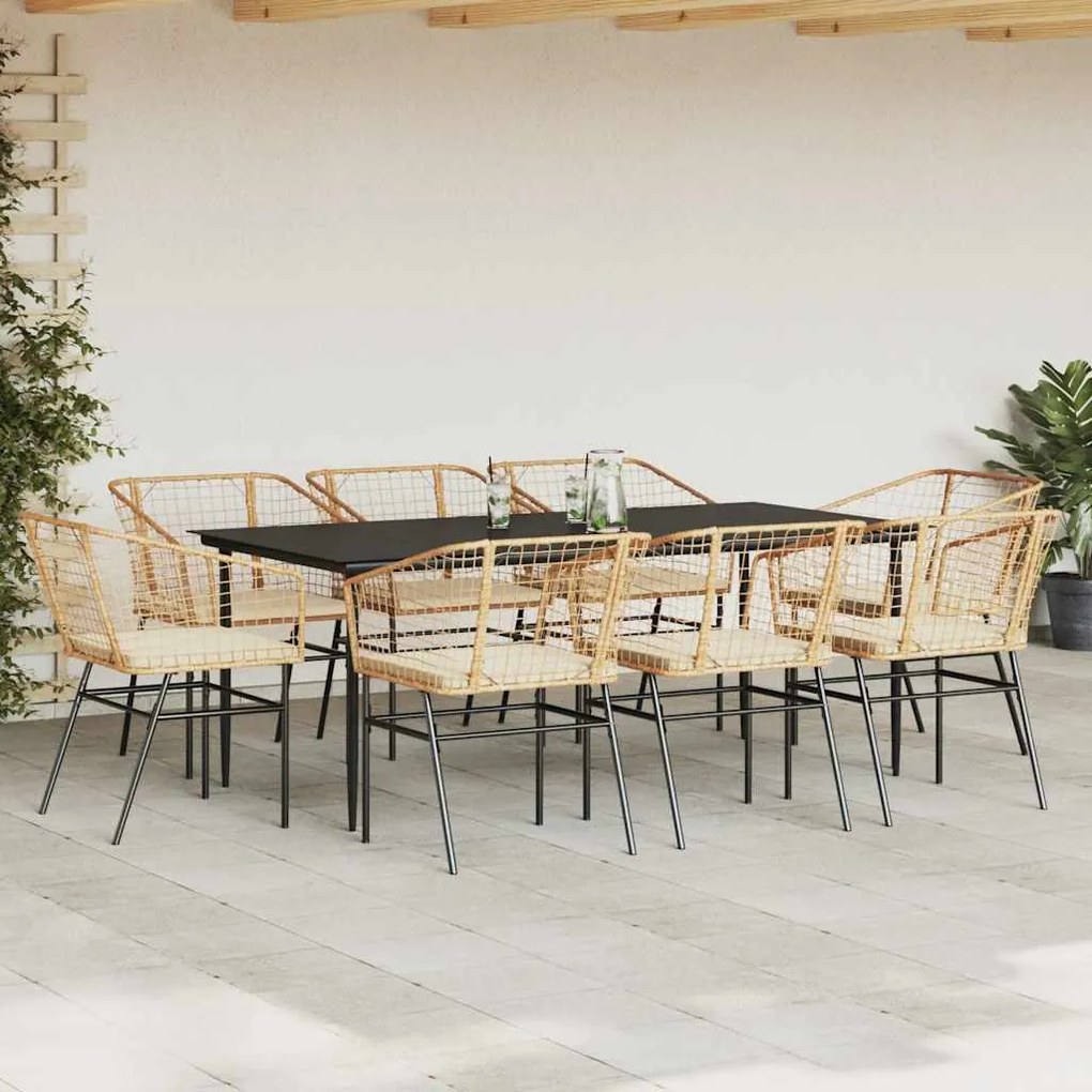 Conjunto jantar jardim 9 peças almofadas vidro vime PE castanho