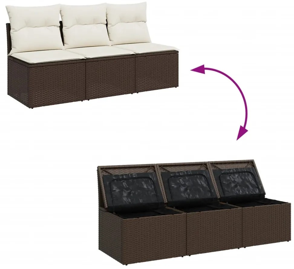 Sofá de jardim com almofadões 3 lugares vime PE castanho