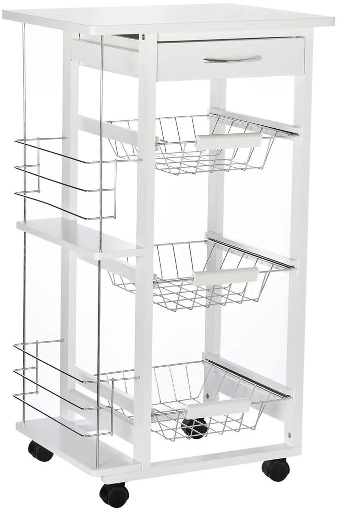 HOMCOM Carrinho de serviço para cozinha com rodízios multiuso 3 cestos de metal gaveta + 2 espaços para garrafas pinho branco | Aosom Portugal