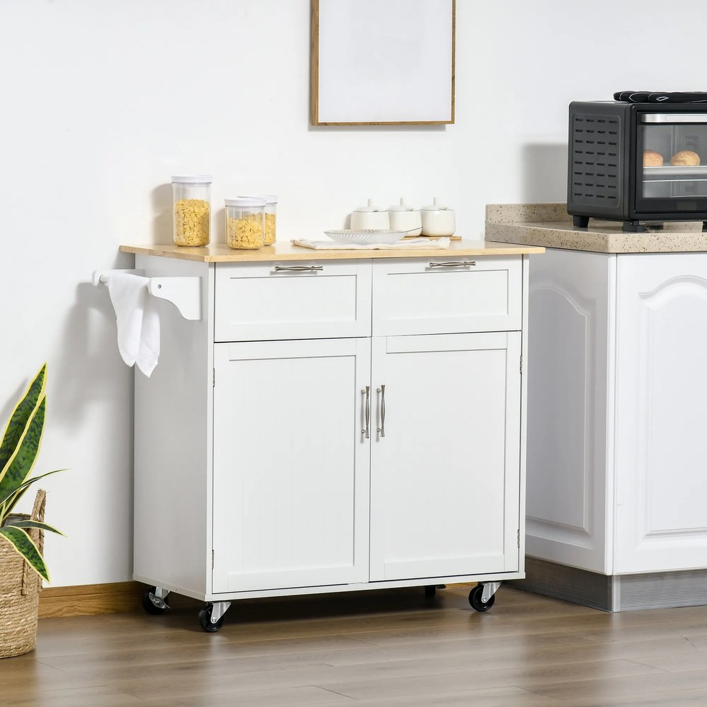 Carrinho de Cozinha com Rodas Móvel Auxiliar de Cozinha com 2 Gavetas 2 Portas Prateleira Ajustável 104x46x91 cm Branco