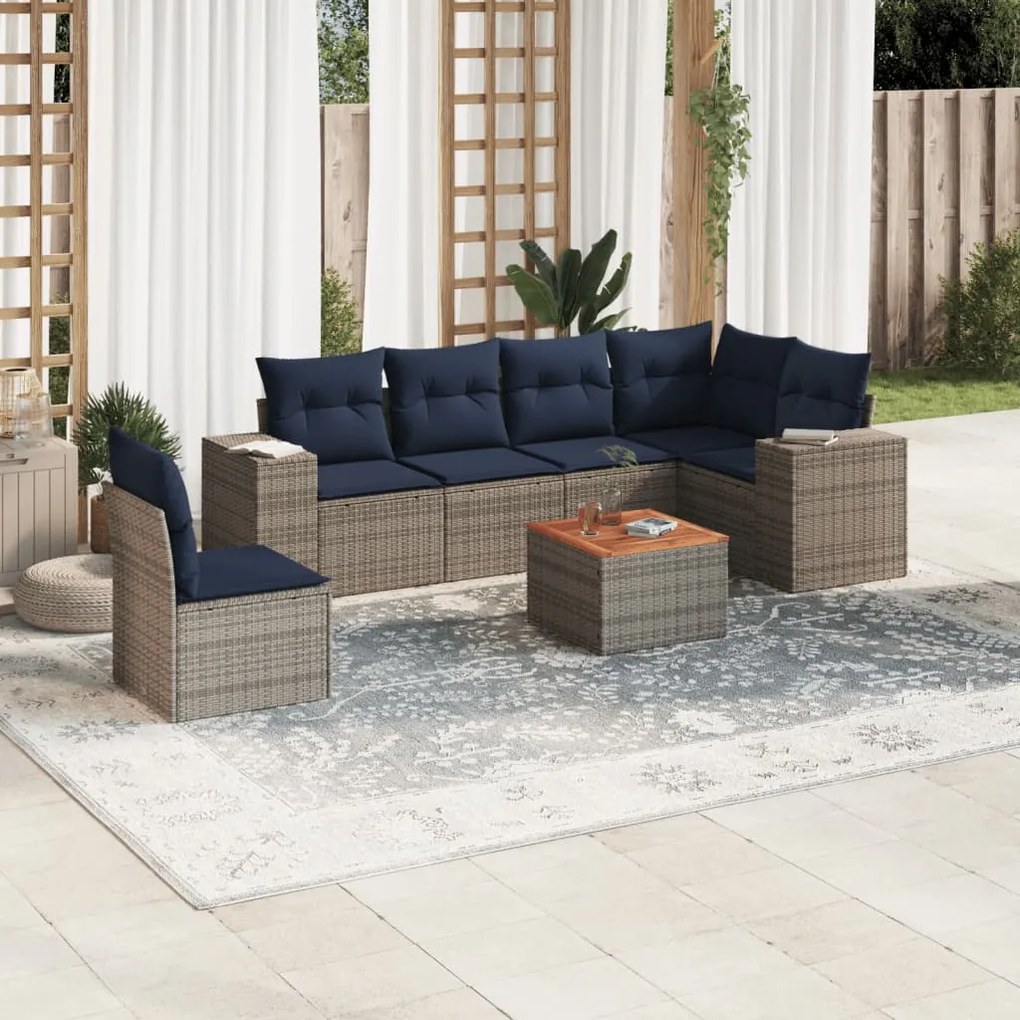 vidaXL 7 pcs conjunto sofás p/ jardim c/ almofadões vime PE cinzento