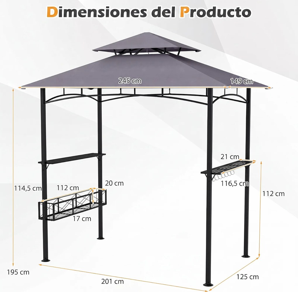Tenda de Jardim para Churrasco (GRELHADOR NÃO INCLUIDO), 244 x 147 x 255 cm, Cobertura Dupla, Cinzento
