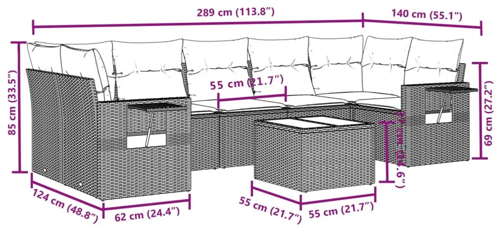8 pcs conjunto sofás de jardim com almofadões vime PE preto