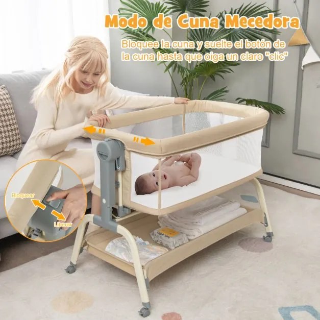 Berço de viagem para bebés com rede Altura ajustável Colchão Rede Cesto de armazenamento e rodas 101 x 56 x 89 cm Bege