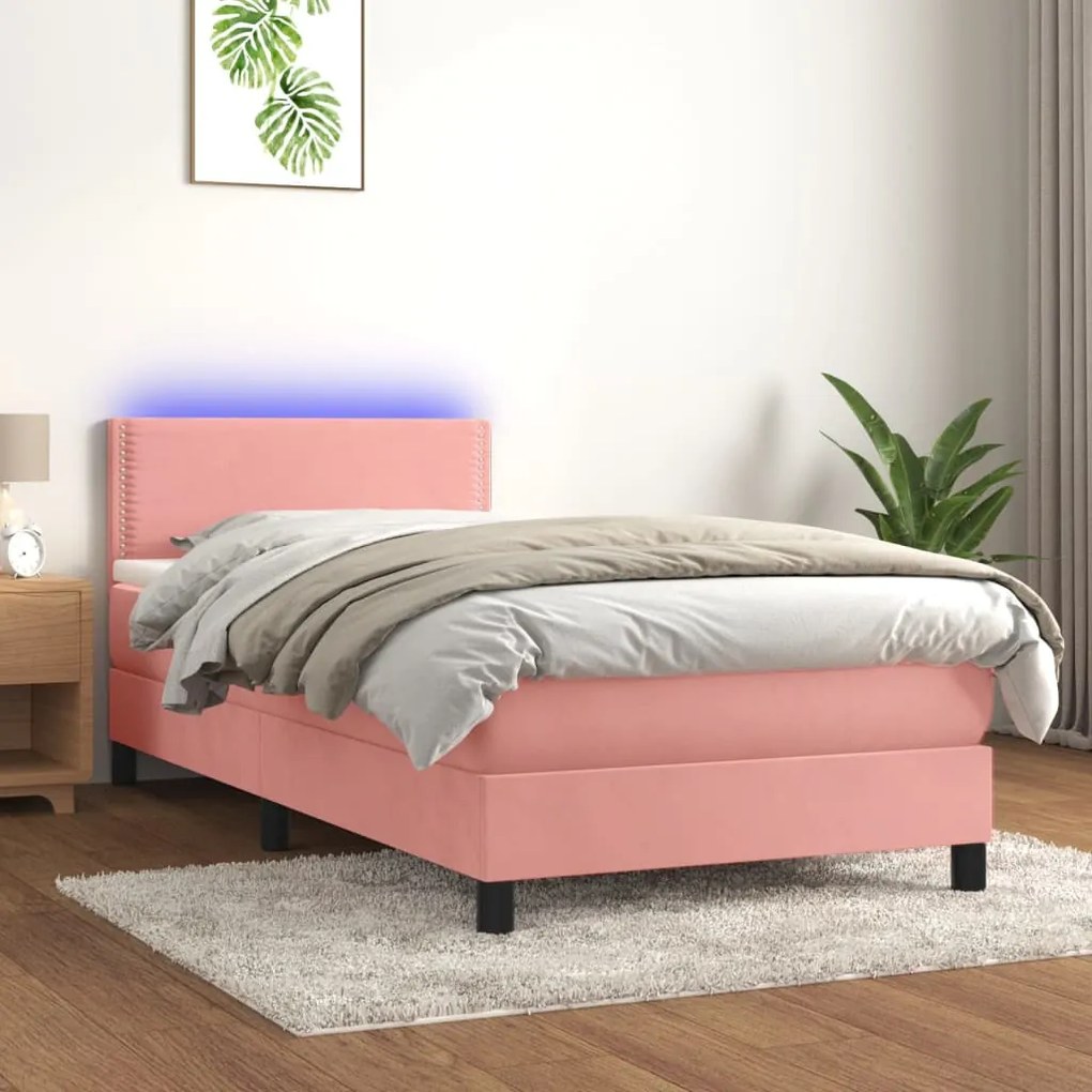 Cama box spring c/ colchão/LED 90x200 cm veludo rosa