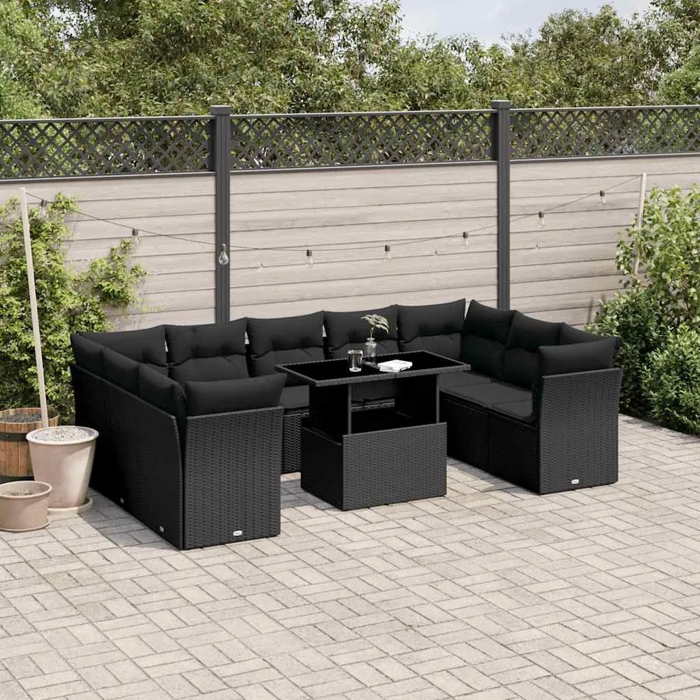 10 pcs conjunto sofás de jardim c/ almofadões vime PE preto
