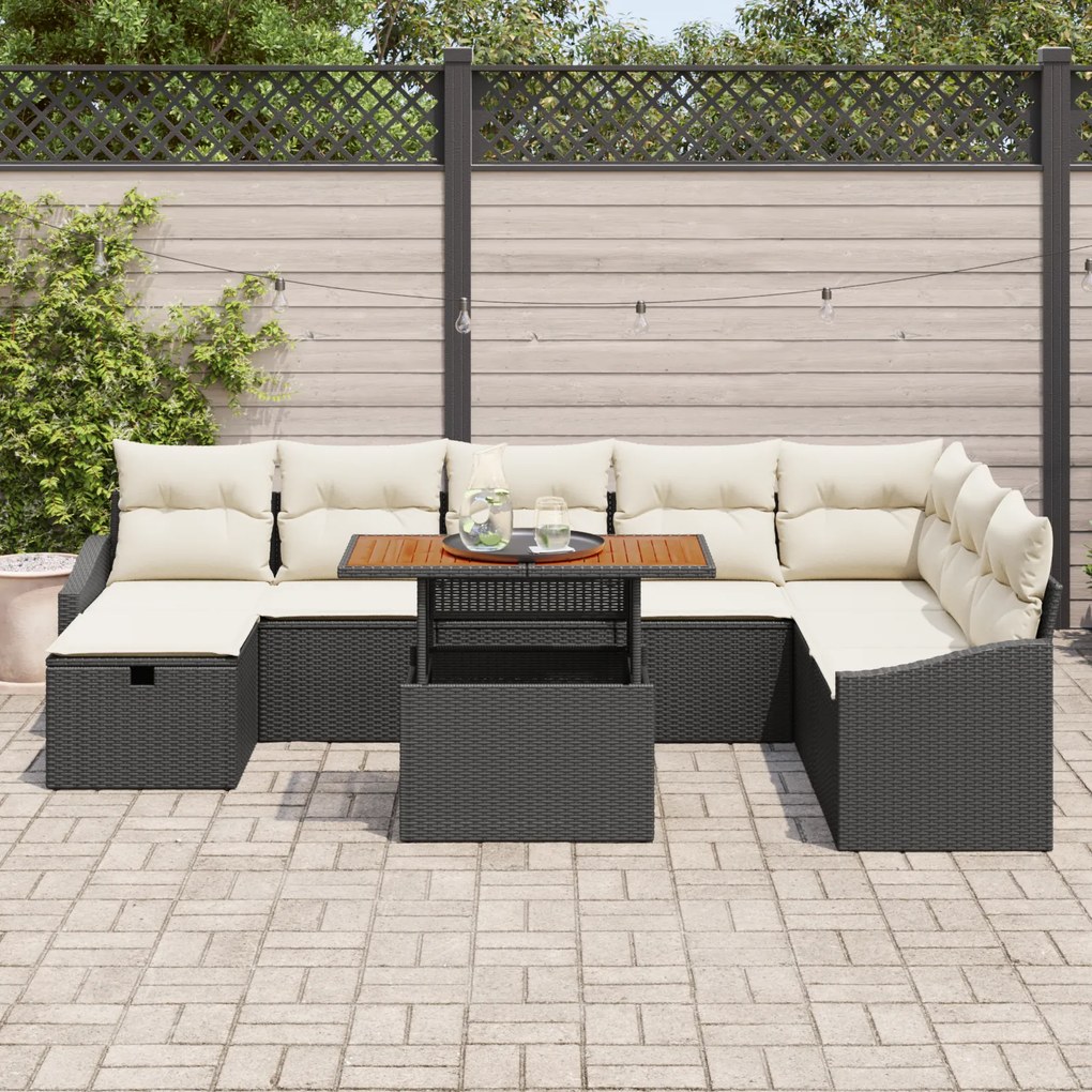 Conjunto de Sofá de Jardim de 9 Peças com Almofadas Preto Vime Poliést