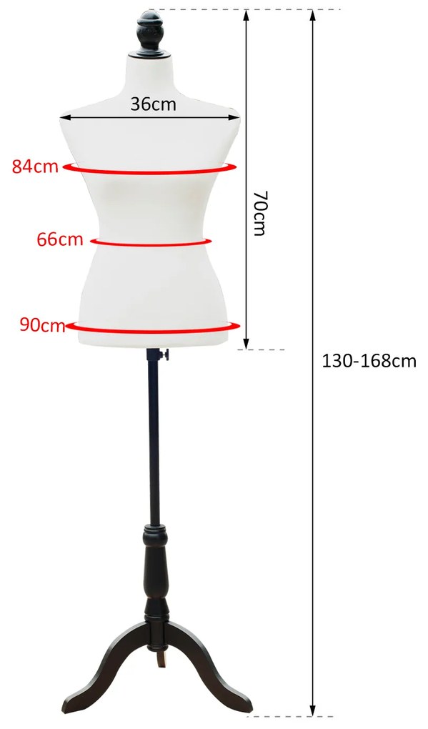 Manequim Feminino de Costura Busto de Senhora para Modistas Exibição Altura Ajustável a 130-168cm Branco