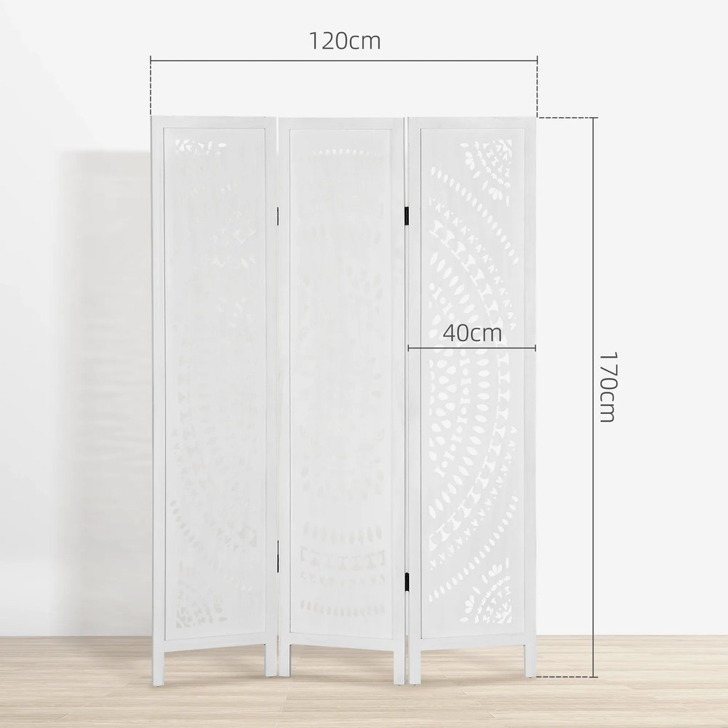 Biombo Dobrável de 3 Painéis de Madeira 120x170 cm Biombo Separador de Ambientes com Padrões Gravados Elegantes Branco