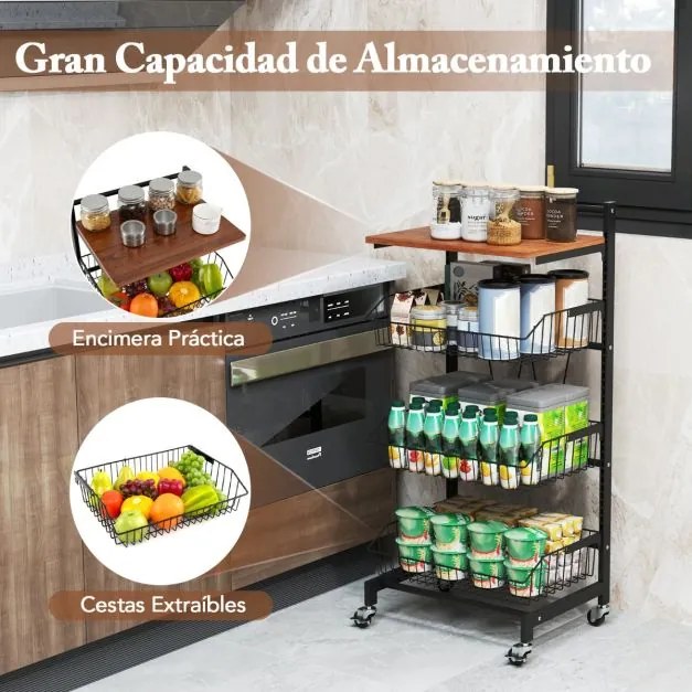 Carrinho de arrumação de cozinha de 4 níveis com rodas Altura ajustável e cestos amovíveis 40 x 31 x 88 cm Preto/castanho