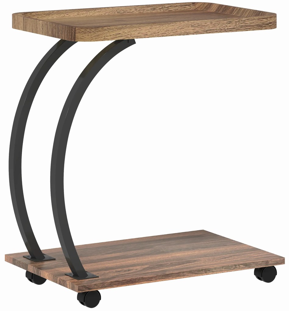 HOMCOM Mesa Auxiliar em Forma de C com Rodas para Sofá com Prateleiras Estrutura de Aço 52x34x60 cm Madeira e Preto | Aosom Portugal