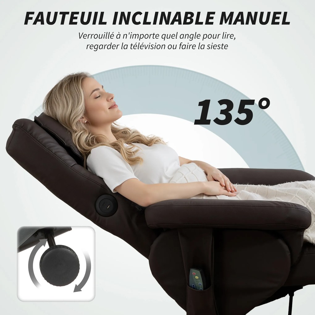Cadeira de massagem com apoio para os pés, encosto reclinável até 135°, compartimento de arrumação, comando à distância