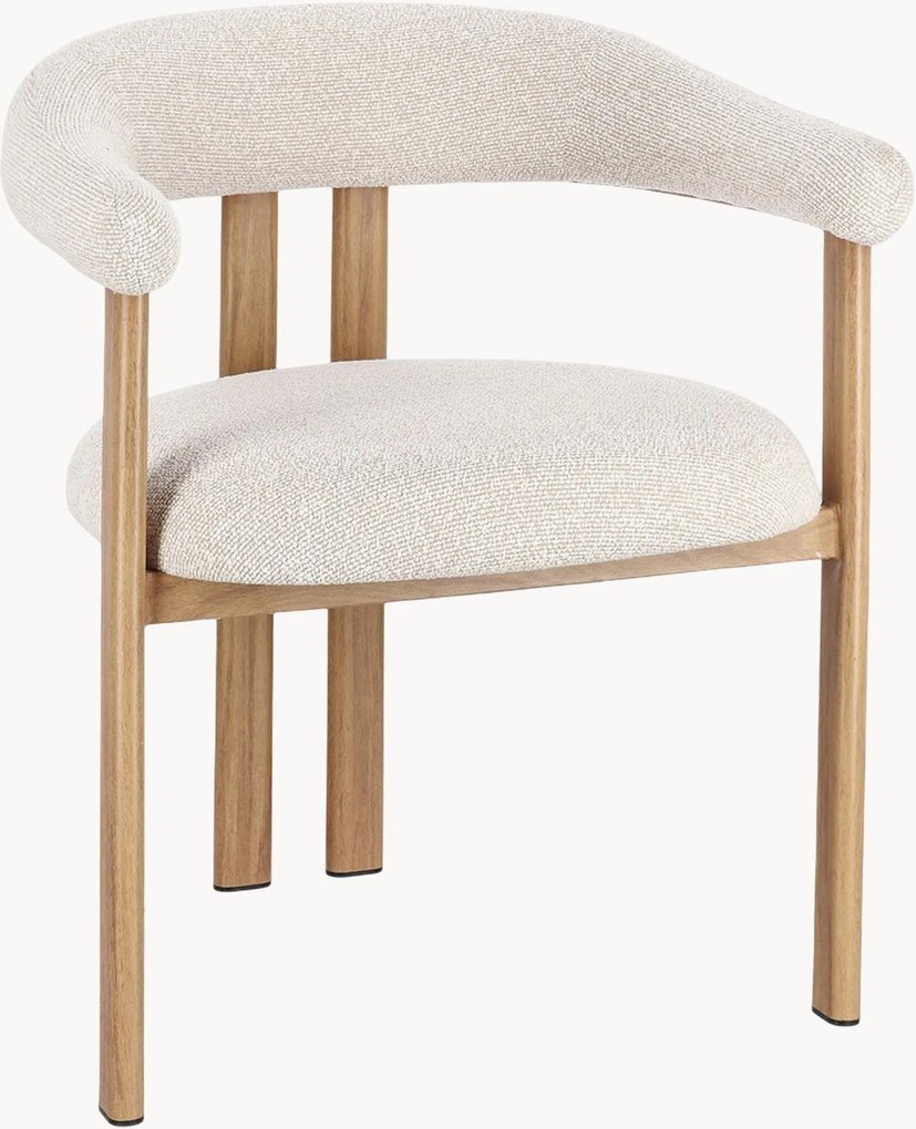 Cadeiras de jantar em bouclé com braços e pés com aspeto de madeira Giuditta, conjunto de 2