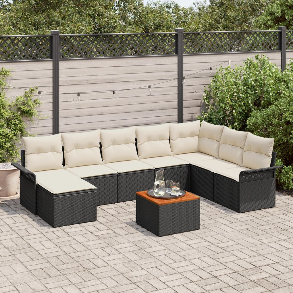 vidaXL Conjunto de Sofás de Jardim com 9 Peças e Almofadas em Rattan Preto e Acácia