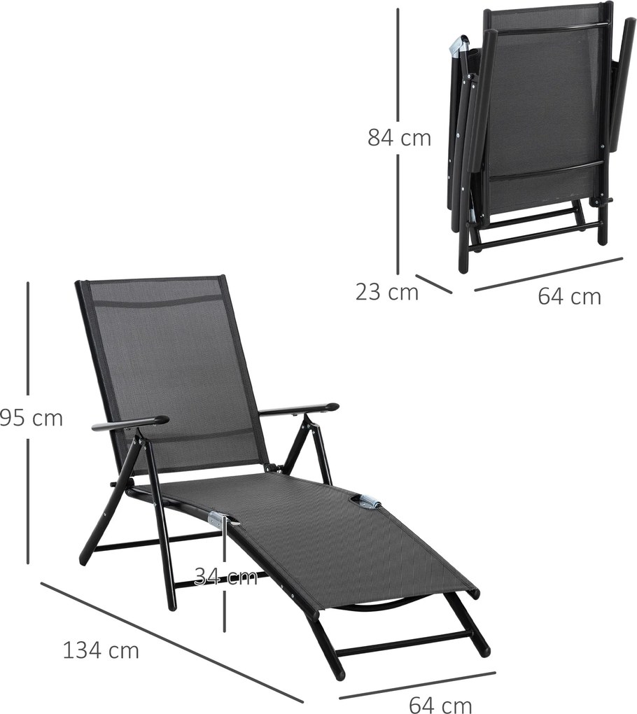 Conjunto de 2 espreguiçadeiras, espreguiçadeira dobrável, encosto ajustável em 7 posições, estrutura em alumínio, 64 x 134 x 95 cm, preto