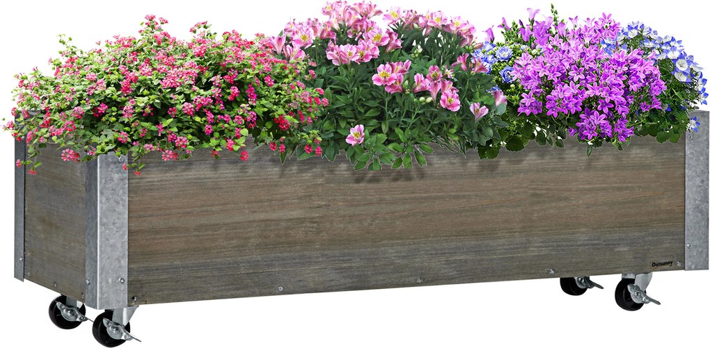 Floreira Exterior com Rodas com Tecido não Tecido Floreira com Sistema de Drenagem 96x30,6x30 cm Madeira Acinzentada