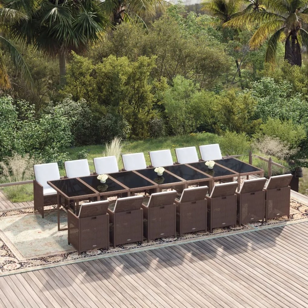 vidaXL 15 pcs conjunto jantar p/ jardim c/ almofadões vime PE castanho