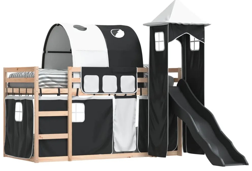 Beliche com escorrega e cortinas 90x200 cm branco e preto