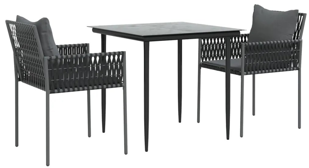 3 pcs conjunto de jantar p/ jardim c/ almofadões vime PE e aço