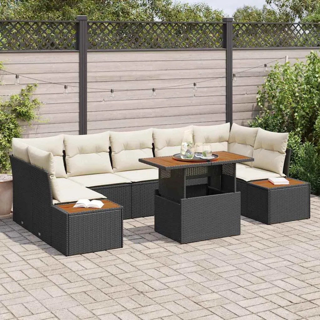 vidaXL Conjunto de Jantar de Jardim de 8 Peças com Almofadas em Rattan Preto e Acácia