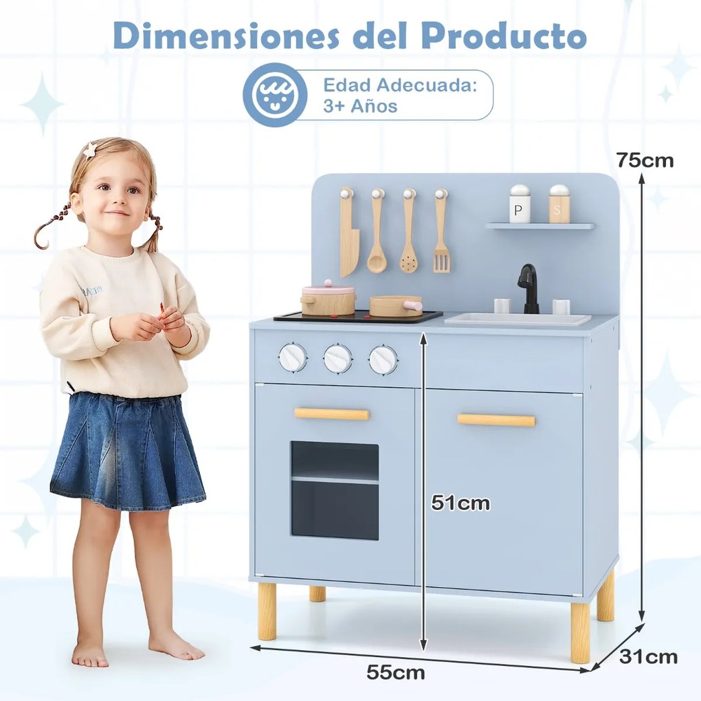 Cozinha de brincar infantil 55 x 31 x 75 cm com luzes, sons, fogão, forno e acessórios de madeira. Presente para crianças com mais de 3 anos. Azul
