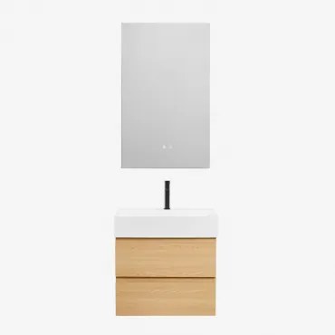 Conjunto De Móvel De Casa De Banho Suspenso Em Madeira E Folha De Freixo Com Lavatório Integrado Ona Madeira Natural & Retangular - Sklum