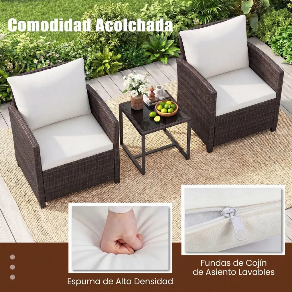 Conjunto de 3 móveis de rattan para jardim, com 2 cadeiras, mesa de vidro e almofadas pretas com capas removíveis, para jardim, terraço ou piscina Cas