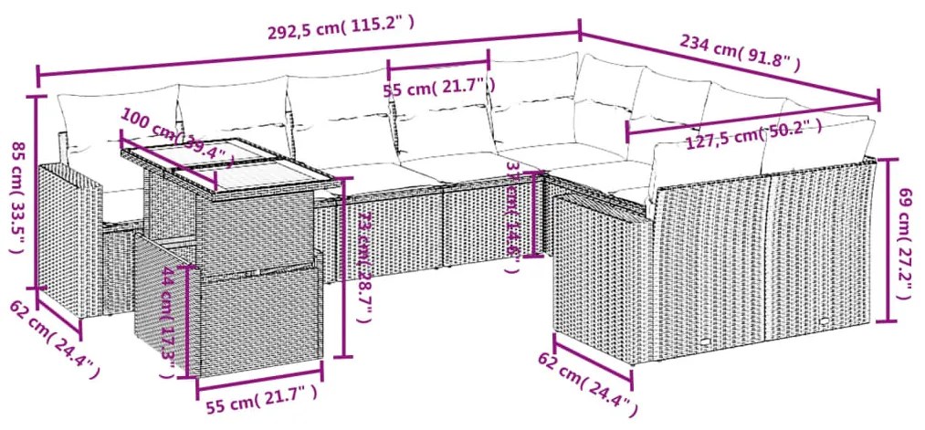 10 pcs conjunto sofás de jardim c/ almofadões vime PE preto